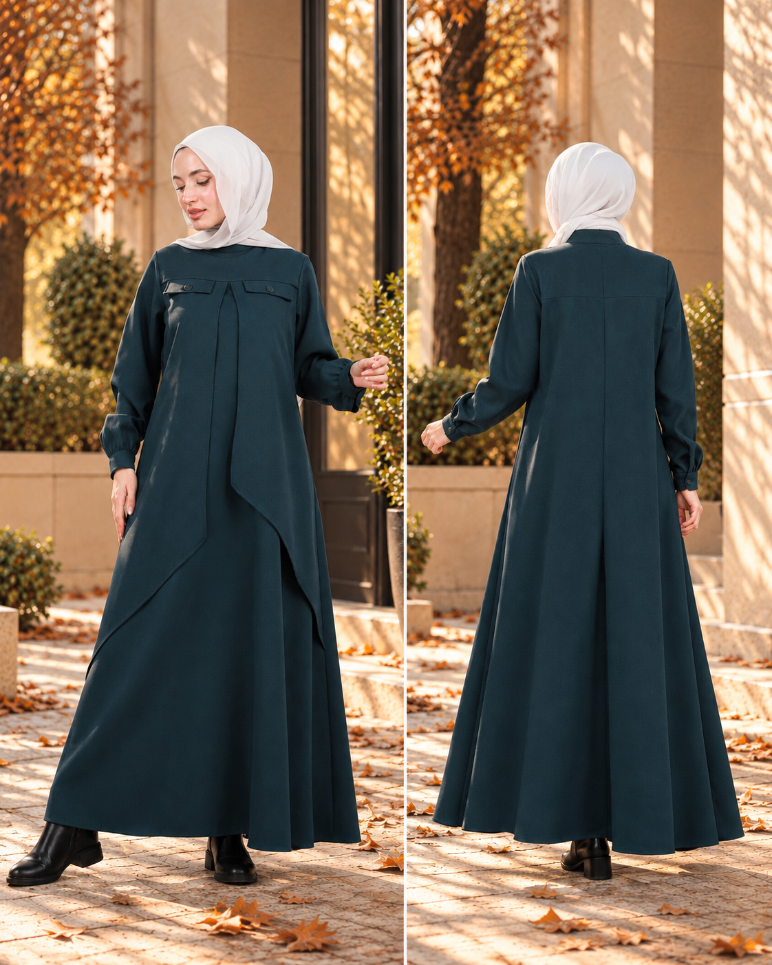 فستان خريفي طويل بتصميم متداخل وقصة انسيابية أنيقة