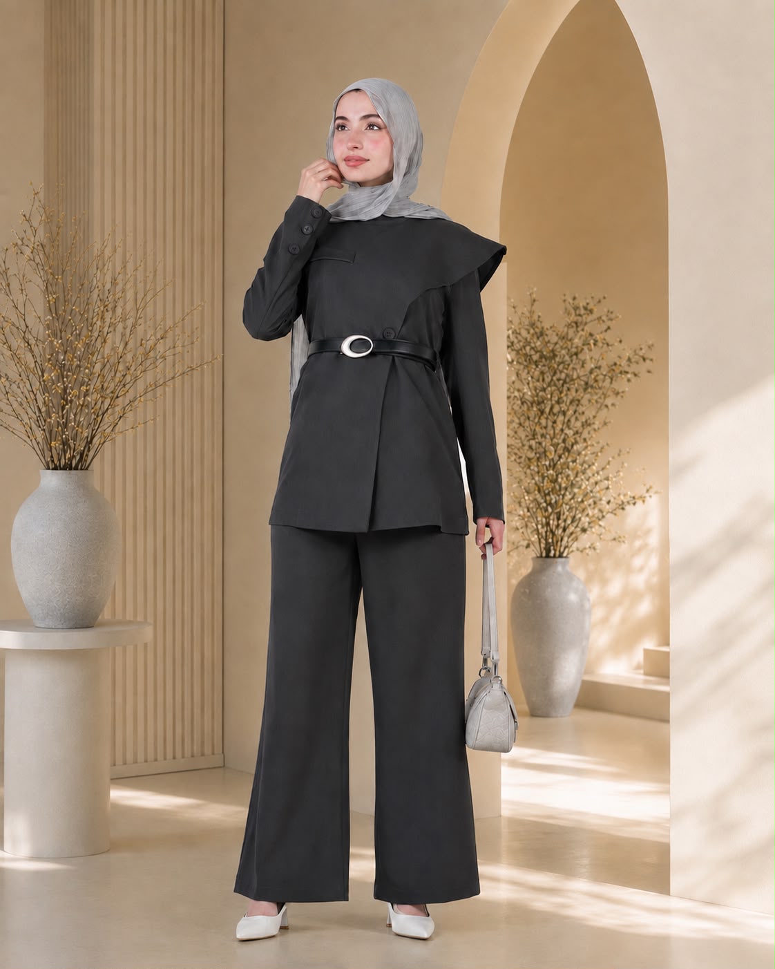 طقم قطعتين بتصميم عصري بحزام أنيق