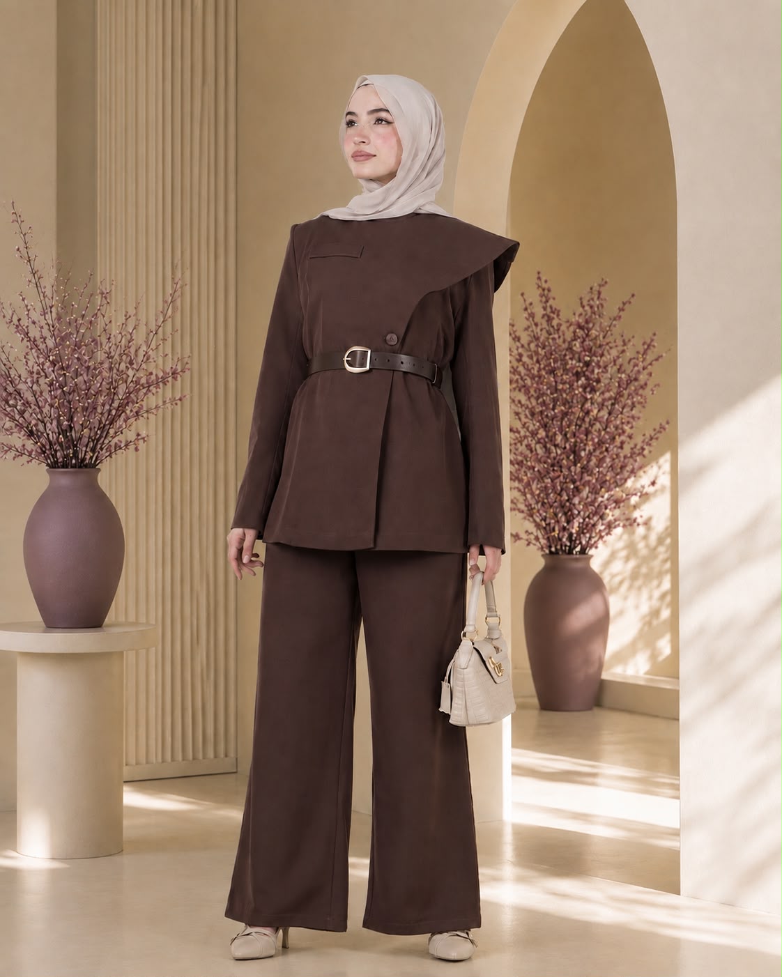 طقم قطعتين بتصميم عصري بحزام أنيق