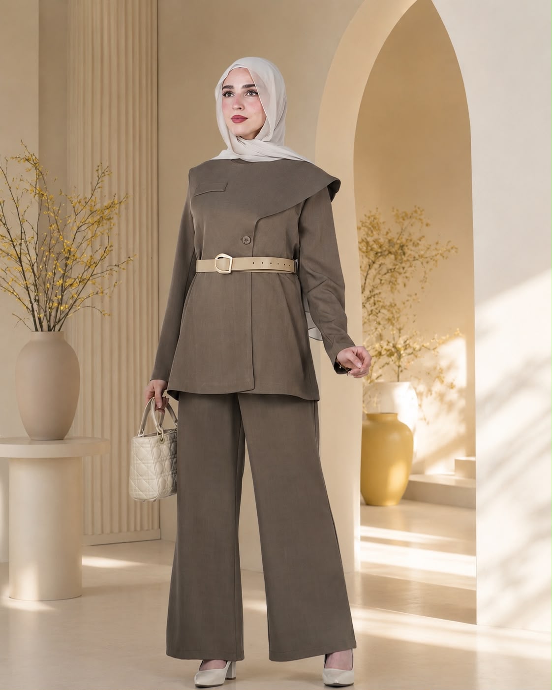 طقم قطعتين بتصميم عصري بحزام أنيق