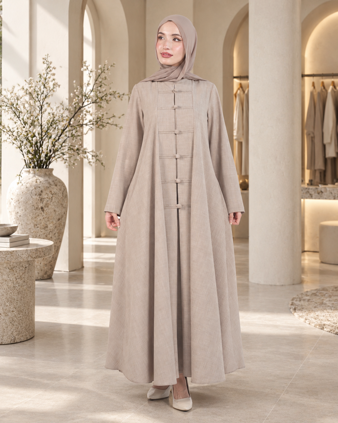 فستان طويل بقصة واسعة وتفاصيل عقد