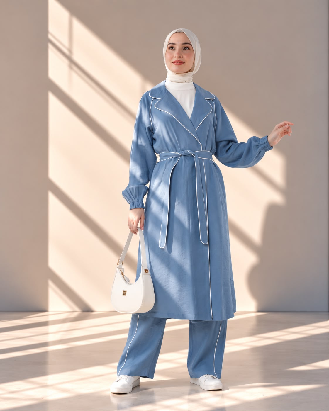 طقم نسائي 3 قطع بتصميم ترانشكوت طويل وحزام خصر أنيق