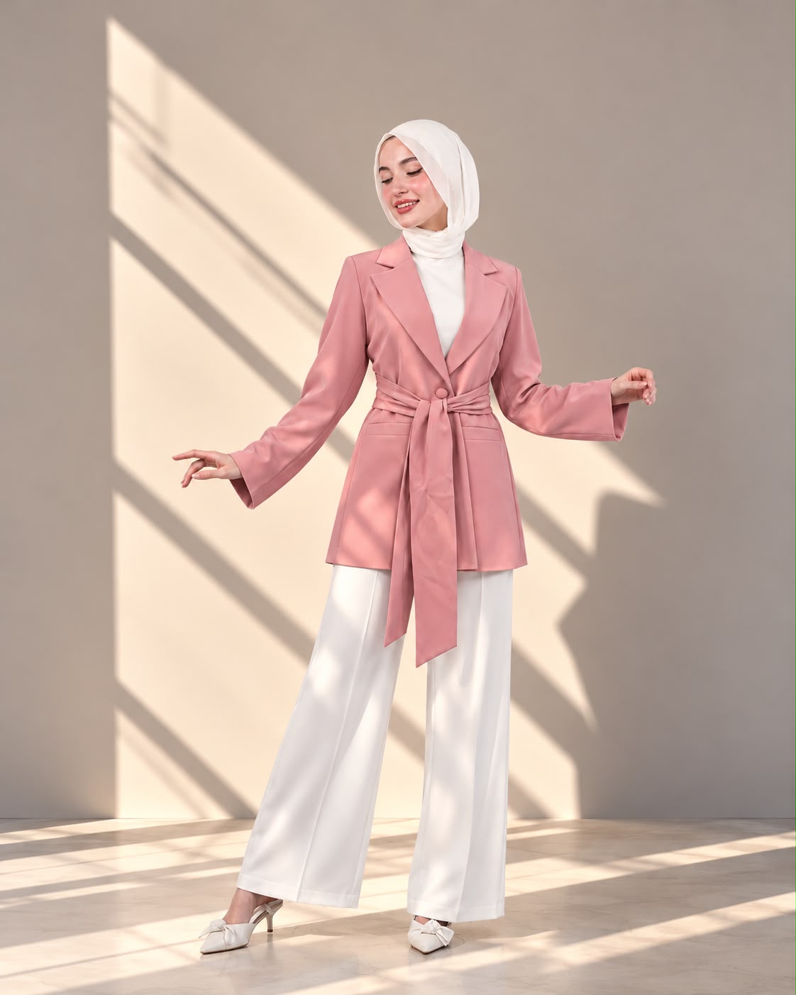 جاكيت رسمي نسائي طويل بربطة خصر وياقة كلاسيكية