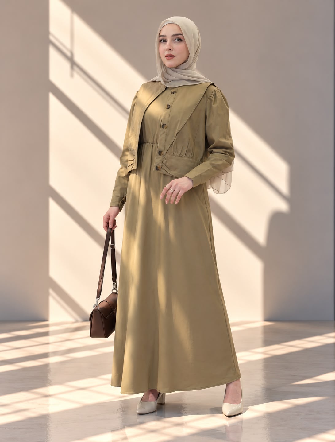 طقم فستان نسائي قطعتين بتصميم طبقات وأزرار أمامية
