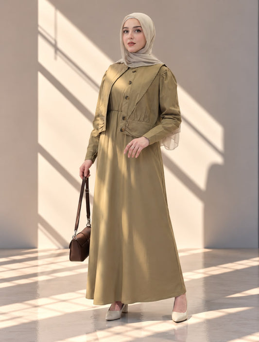طقم فستان نسائي قطعتين بتصميم طبقات وأزرار أمامية