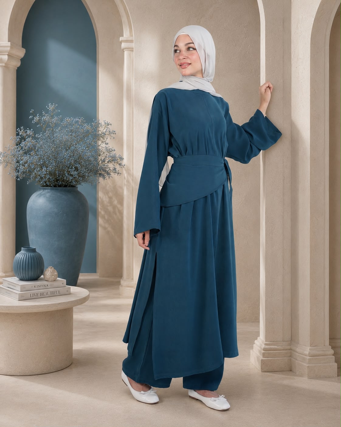 طقم بنطلون مع وشاح أنيق