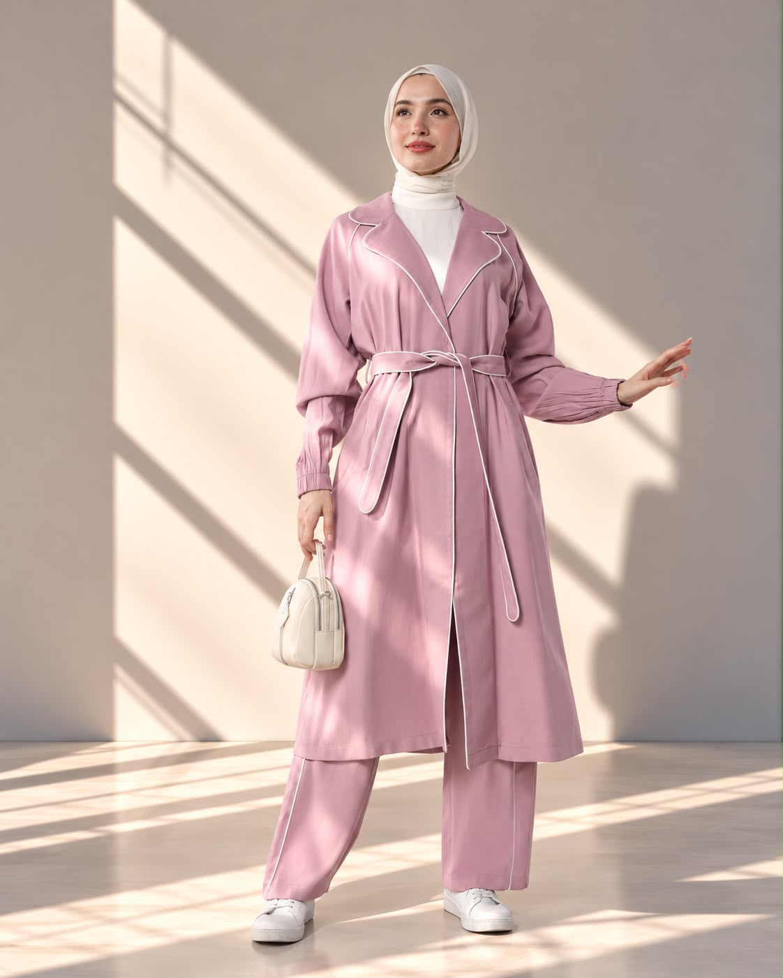 طقم نسائي 3 قطع بتصميم ترانشكوت طويل وحزام خصر أنيق