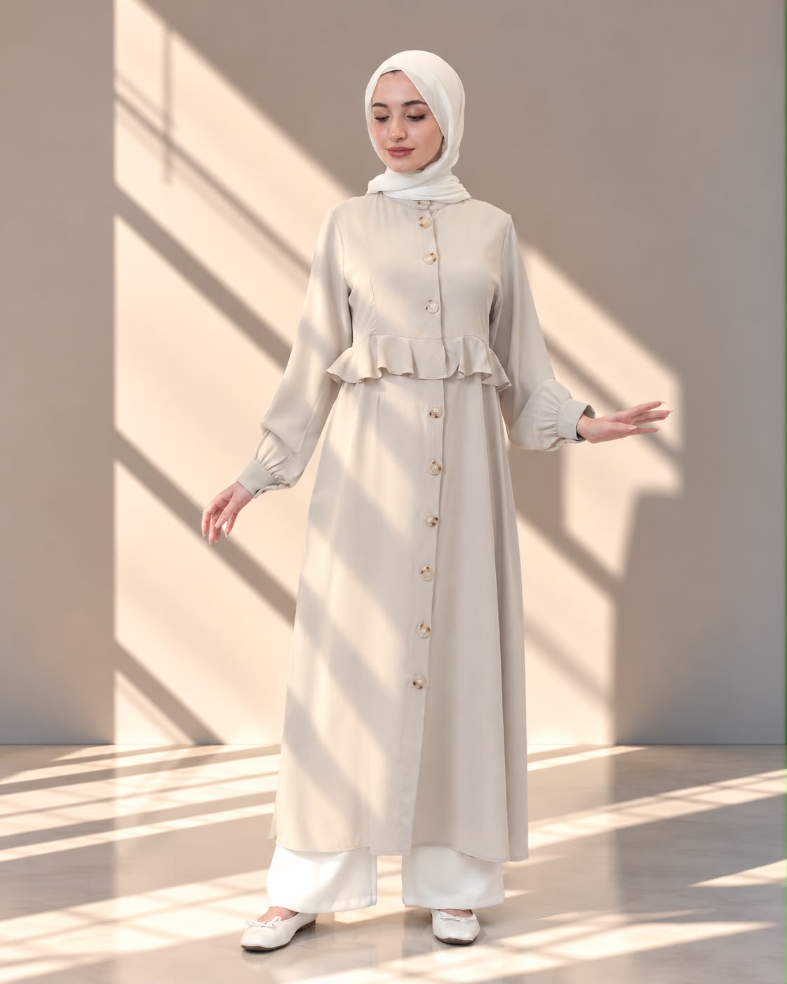 تونيك طويل بأزرار أمامية وكشكش عند الخصر
